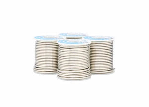 Four stacked spools of Harris SB851 Stay Brite 8 Lead-Free Solid Wire Solder (3/32 in, 4 lb) are grouped on a white background. Each spool has tightly wound wire and blue and white labels, ideal for HVAC tube connections.