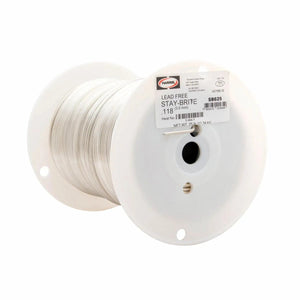 A large white plastic spool holds tightly coiled, thin silver Harris Stay Brite Lead-Free Solid Wire Solder (0.118 in, 25 lb, SB625) with a detailed label and barcodes, set against a plain white background.
