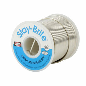 A spool of Harris SB31 Stay Brite Lead-Free Solid Wire Solder (1/16 in, 4 lb box) features a blue and white label showing the brand, type, and certifications. The solid wire is coiled and visible through the center, suitable for stainless steel soldering.