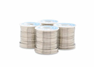 Four spools of Harris SB31 Stay Brite Lead-Free Solid Wire Solder, 1/16 in (1.6 mm), are displayed on a white background. Each spool has a light blue label and tightly wound, shiny lead-free solder. Comes in a 4 lb box.