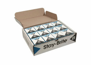 An open box labeled "Harris SB61 Stay Brite Lead-Free Solid Wire Solder - 0.118 in (3.0 mm) - 12 lb Box" displays twelve neatly arranged white and blue solder boxes, with the lid propped up against a white background.