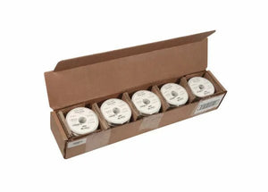 A long brown box containing five white plastic spools of Harris SB65 Stay Brite Lead-Free Solid Wire Solder (0.118 in, 25 lb), each separated by cardboard dividers. The open box displays the spool labels against a plain white background.