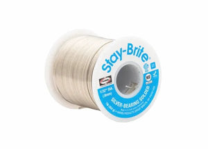 The Harris SB11 Stay Brite Lead-Free Solid Wire Solder, 1/32 in (1.6 mm), comes in a 4 lb box and is ideal for HVAC applications. Bright metallic wire is wound on a spool with a blue-and-white label showing product details.