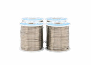Four spools of Harris SB11 Stay Brite Lead-Free Solid Wire Solder (1/32 in, 4 lb box) are arranged in a square on a white background, each with white and blue labels and wire tightly wound around each spool.