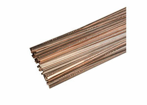 A bundle of Harris Stay-Silv 15 Phos-Copper Brazing Alloy rods (.050 x 1/16, 25 lb box - 15320F) with a shiny copper finish is stacked diagonally on a white background, showing engraved markings ideal for HVAC refrigeration brazing.