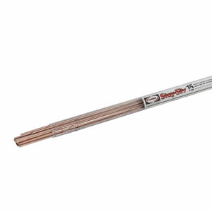 A clear plastic tube labeled Harris Stay-Silv 15 Phos-Copper Brazing Alloy - 3/32 in (2.4 mm) - 1 ea Tube - 15520R1 containing copper-colored rods for HVAC, air conditioning, refrigeration, and other metal-joining applications.