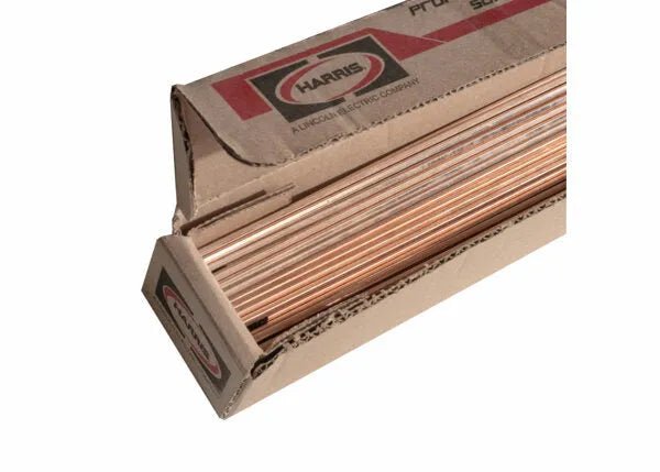 Harris Stay-Silv 5 Phos-Copper Brazing Alloy rods, 3/32"x3/32", 25lb box, for welding copper, shown partially opened.
