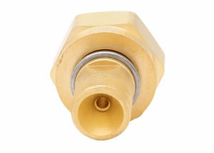 Harris Tank-to-Regulator B-to-MC Adaptor 8808851 for welding equipment, brass body, threaded, O-ring, on white background.