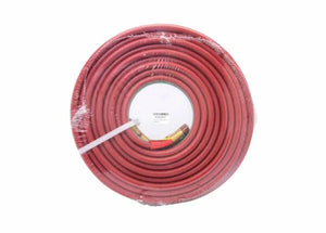 Harris Twin All Fuel Gas Welding Hose 50 ft Grade T, 3/8" fittings, coiled in plastic, top view—WeldingMart welding accessory.
