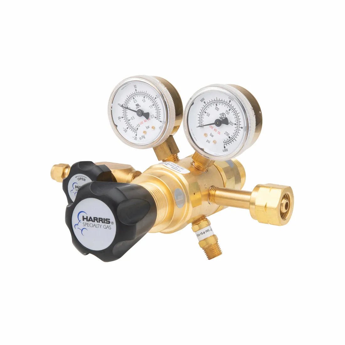 The Harris Two Stage Ultra High Purity Brass Barstock Regulator, Model 722-015-350-BE, features dual pressure gauges, black control knobs, and is designed for precise gas flow control in specialty gas applications.