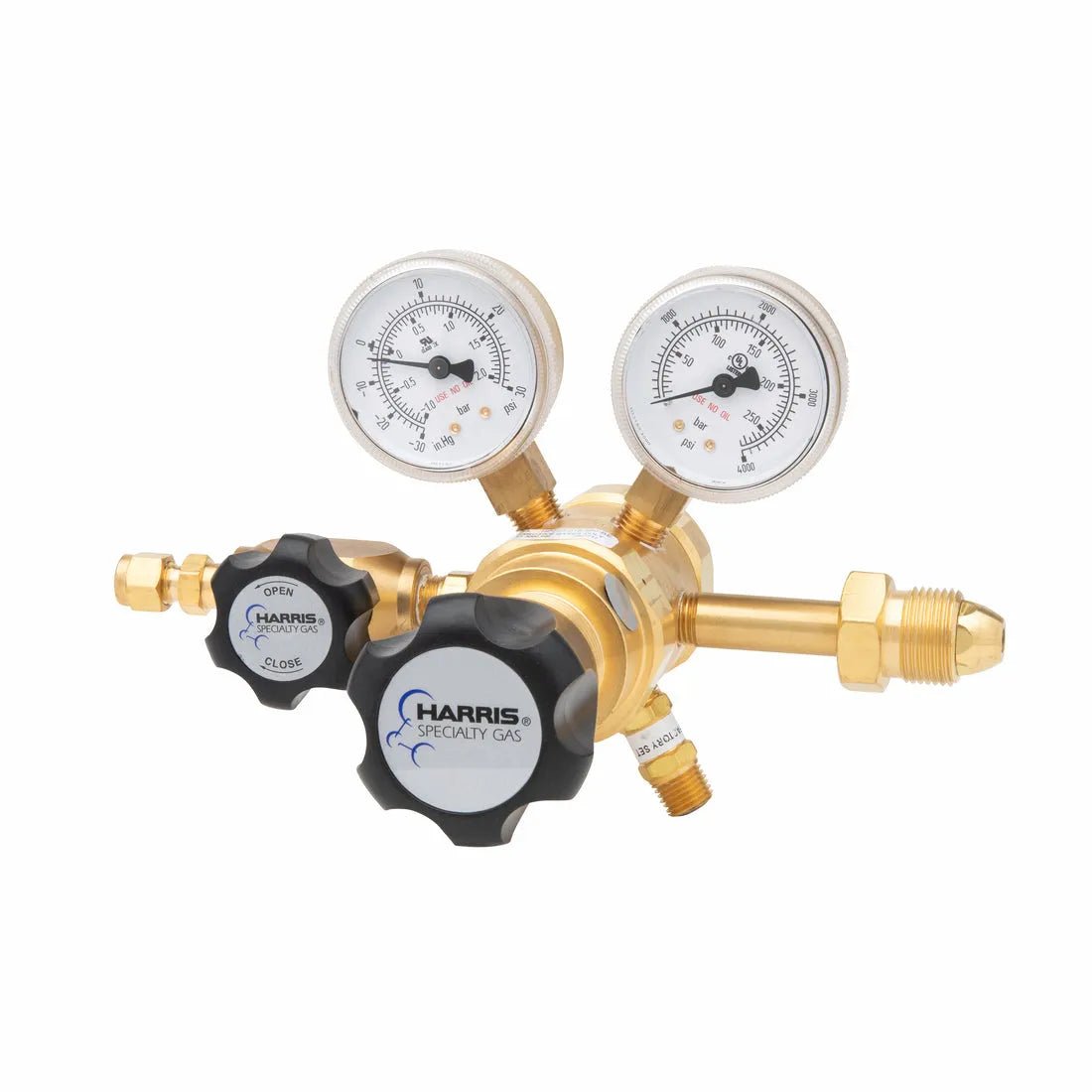 The Harris Two Stage Ultra High Purity Brass Barstock Regulator Model 722-015-580-BE features dual pressure gauges and black control knobs for precise high purity gas flow control.