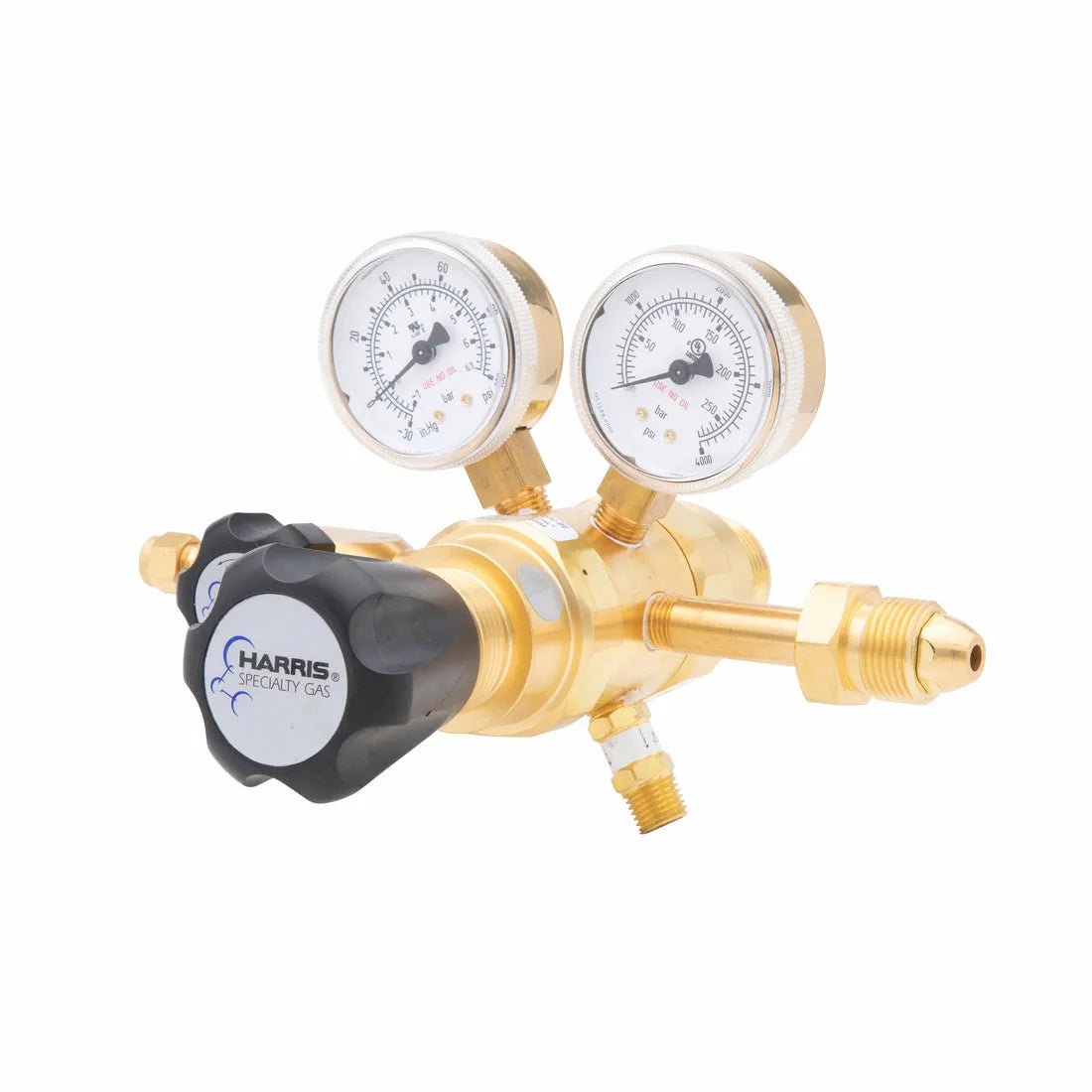 The Harris Two Stage Ultra High Purity Brass Barstock Regulator Model 722-050-580-BE features dual pressure gauges, black adjustment knobs, and various fittings, designed for high purity gas applications.