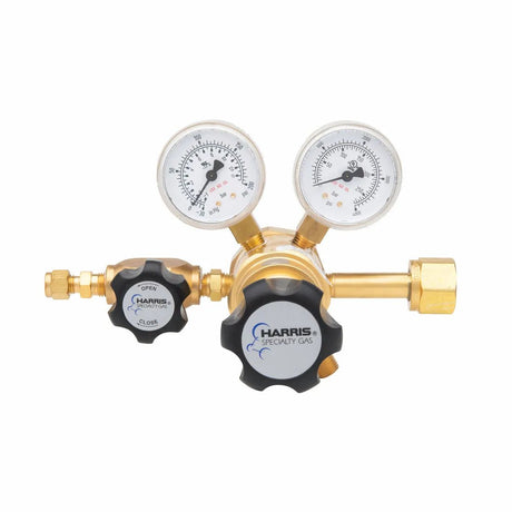 The Harris Two Stage Ultra High Purity Brass Barstock Regulator Model 722-125-320-BE features two pressure gauges, two black open/close knobs, and a side inlet fitting.