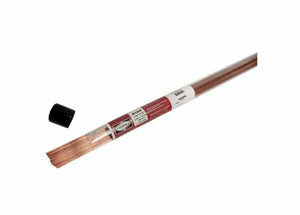 A bundle of Harris W1060 & W1200 Mild Steel RG-45 1/16 x 36 x 5# copper-coated rods partially slides out of a clear tube with a black cap removed, lying nearby. The red and white label displays product details. Plain white background. Qty: 20.