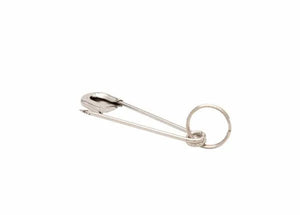 A Harris Welders Pin - 3010060 is shown lying horizontally on a plain white background. Made of stainless steel, it is closed with its pointed end in the clasp and the round loop visible on the right end.