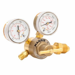 Harris 301-100-580 Single Stage Regulator for argon, helium, nitrogen; brass body, dual gauges, welding gas equipment.