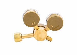Harris 301-100-580 welding gas regulator, brass, for argon/helium/nitrogen, dual gauges, threaded connector, white background.