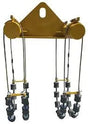 A yellow metal cable tensioner resembling a Mathey Dearman Pipe Cradle 24” to 36” Pipe 2-Strand Support - 2005, with a triangular top plate, two horizontal cylinders, and four vertical cables holding staggered gray pulley wheels at the base.