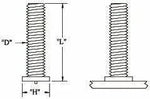 Line drawing of an IWT 10-24 X 1 CDFL aluminum threaded stud with labeled dimensions: D for diameter, L for length, H for head thickness; includes side and sectional views attached to a surface—ideal for Weldingmart welding supplies.