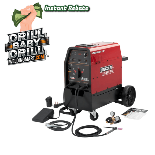 Lincoln Precision TIG 225 Ready-Pak welder with cart, cables, foot pedal, gas regulator & manual from WeldingMart on white background that has an Instant rebate with a hand that has green money in it.