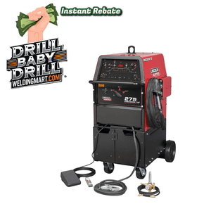 Welding machine with 'Drill Baby Drill' branding and promotional text on a white background