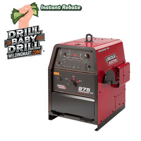 Red and black Lincoln Electric welding machine with 'Drill Baby Drill' and WeldingMart.com branding.