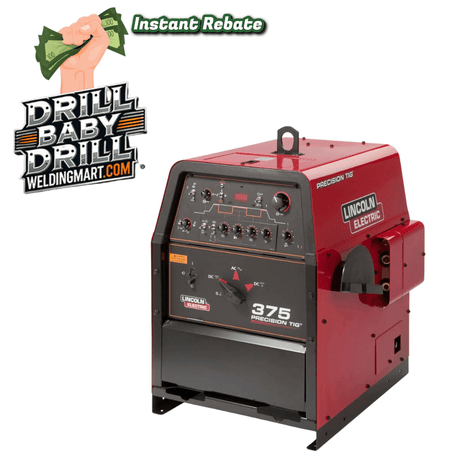 Red and black Lincoln Electric welding machine with 'Drill Baby Drill' and WeldingMart.com branding.