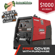 Red Lincoln Electric welder with promotional text about an instant rebate and free cover offer.