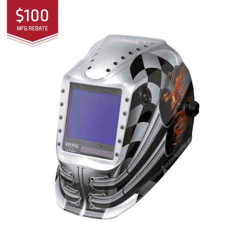 Welding helmet with flame design on a white background, featuring a $100 MFG rebate label.
