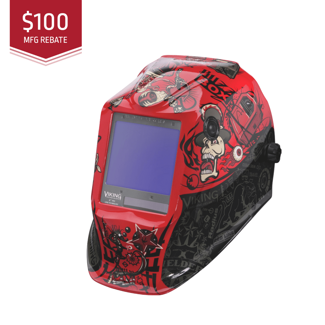 Red welding helmet with graphic design on a white background, featuring a $100 MFG rebate label.