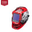Red welding helmet with a graphic design on a white background, featuring a $100 MFG rebate badge.