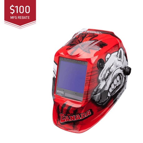 Red welding helmet with a graphic design on a white background, featuring a $100 MFG rebate badge.