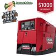 Red Lincoln Electric welding machine with 'Drill Baby Drill' branding and $1000 rebate offer on a white background.