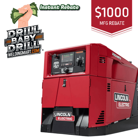 Red Lincoln Electric welding machine with 'Drill Baby Drill' branding and $1000 rebate offer on a white background.