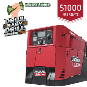 Lincoln Ranger 330MPX Welder Kohler K3459-1 in red, $1000 MFG rebate, Instant Rebate & WeldingMart “Drill Baby Drill” logo.