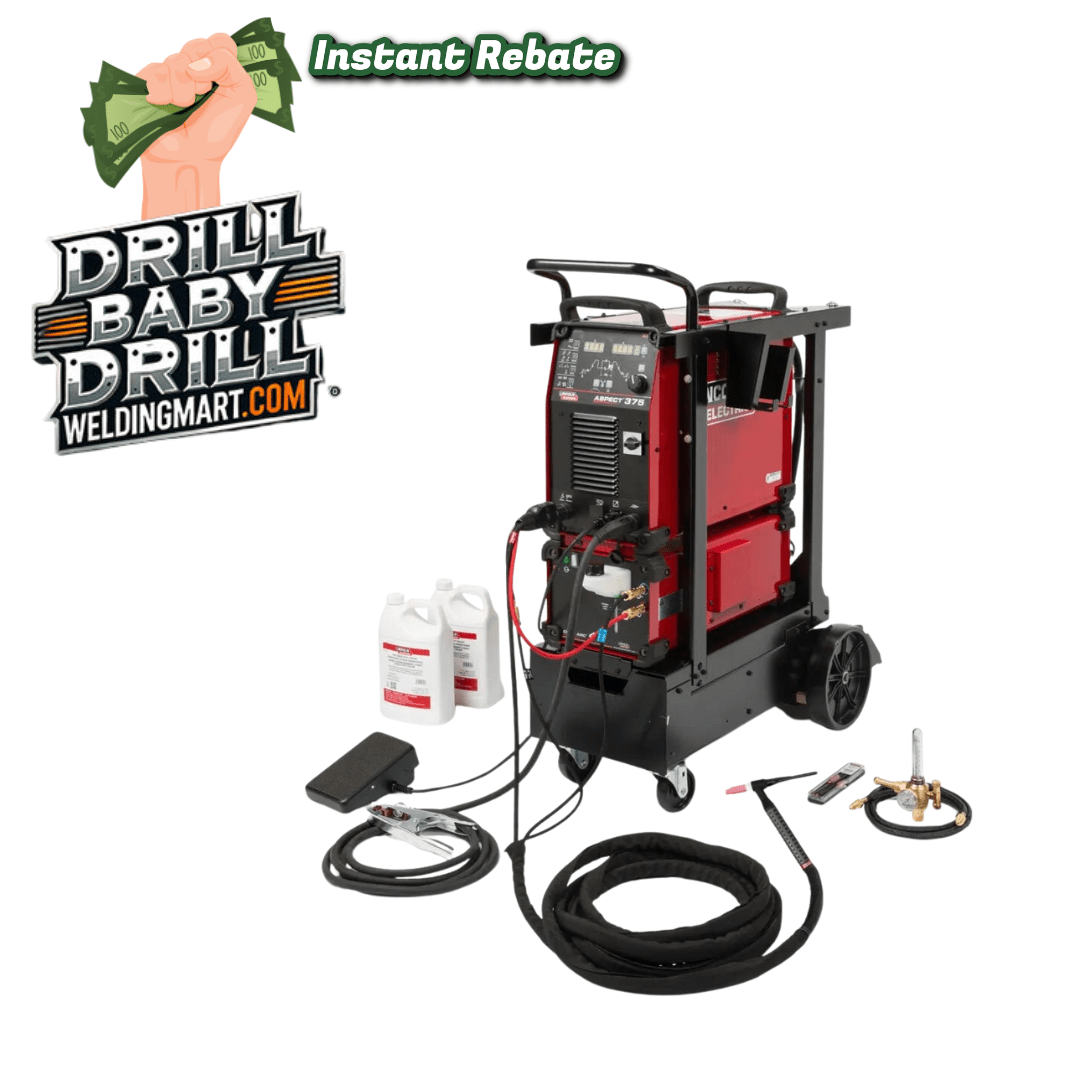Welding machine with accessories on a white background, featuring 'Drill Baby Drill' branding.
