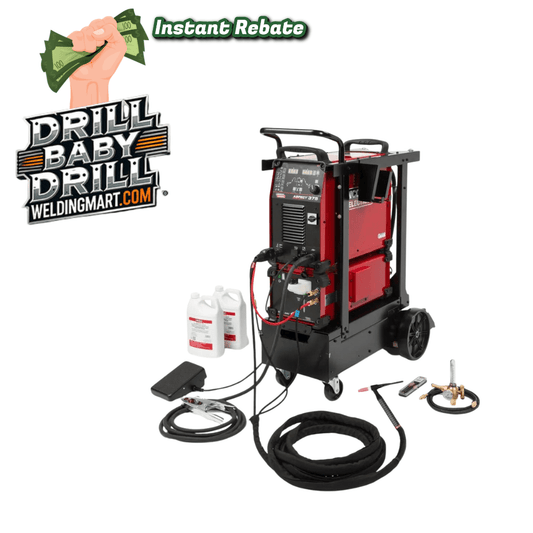 Welding machine with accessories on a white background, featuring 'Drill Baby Drill' branding.