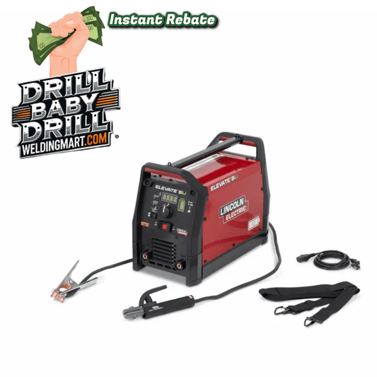 Lincoln Elevate SLi Battery Powered Welder K4706-1 with cables, clamps, and accessories, cash rebate, WeldingMart.com logo.
