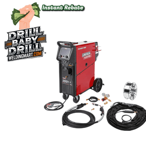Welding machine with accessories and 'Drill Baby Drill' branding on a white background