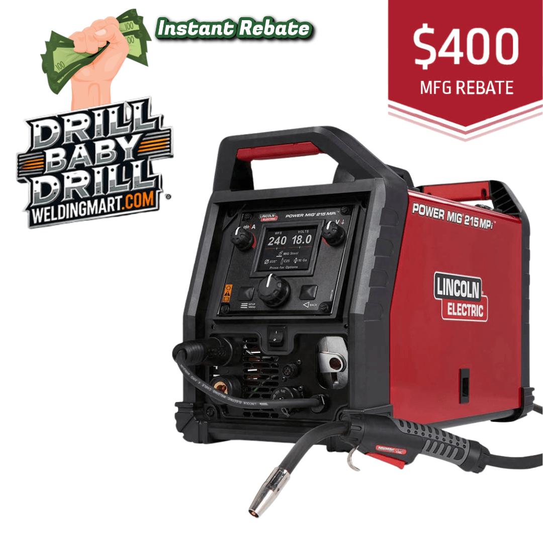 Lincoln Power MIG 215 MPi Multi-Process Welder K4876-1 with welding gun, 4200 rebate, weldingmart.com promo graphics.