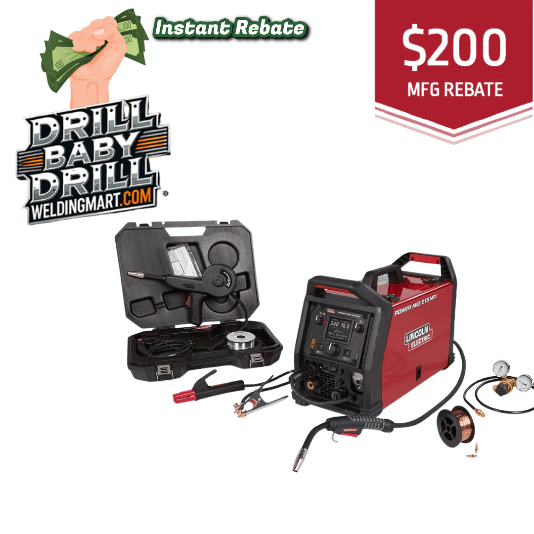 Lincoln Power MIG 215 MPi Multi-Process Welder Aluminum One-Pak with case, cables, $200 rebate and Instant Rebate graphics.