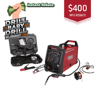 Welding machine with accessories and $400 rebate with promotional text for Drill Baby Drill and WeldingMart.com.