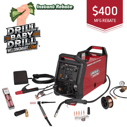 Lincoln Electric welding machine with accessories and $400 rebate with promotional text on a white background