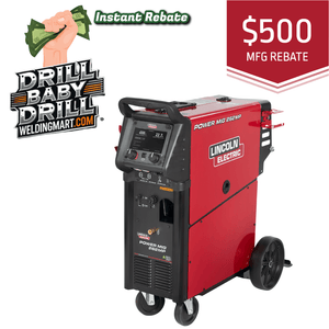 Red welding machine with Lincoln Electric branding and a $500 rebate offer on a white background.