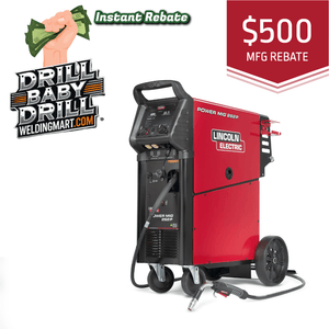 Red and black Lincoln Electric welding machine with 'Drill Baby Drill' branding and 500 dollar rebate offer on a white background.