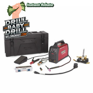 Lincoln Sprinter 180Si TIG One-Pak K5585-1 welding kit with case, cables, torch, connectors, parts box; welding promo graphics shown.