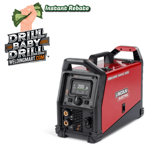 Lincoln Square Wave 205 TIG Welder K5613-1 with digital display, WeldingMart logo, perfect for AC/DC TIG welding equipment needs.