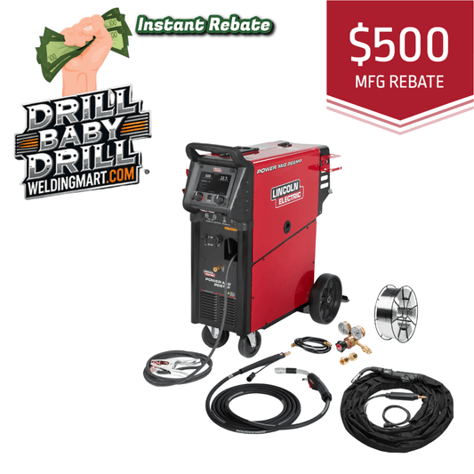 Red welding machine with accessories on a white background, featuring 'Drill Baby Drill' and 'WeldingMart' branding.