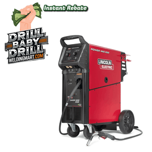 Lincoln Power MIG 262 Welder K5706-1 with gun on wheels, featured at WeldingMart—instant rebate, ideal for aluminum welding.