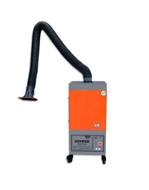 An industrial weld fume extractor with an orange body labeled “KEMPER,” featuring a flexible black hose and nozzle, mounted on wheels, and equipped with a KemTex ePTFE membrane filter, set against a white background.